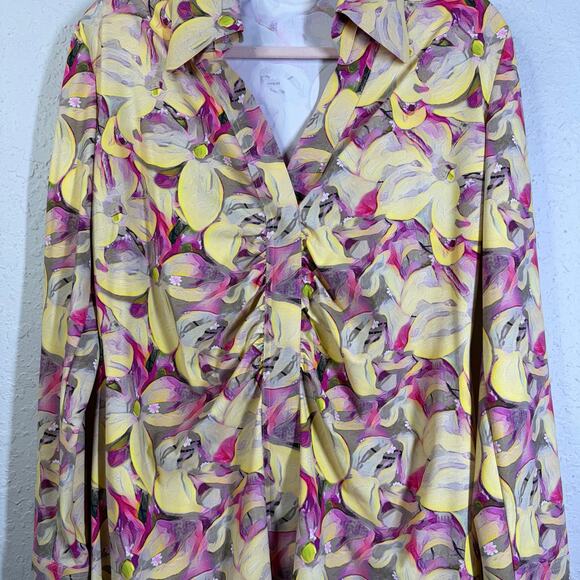 CHIARA BONI Blouse LG Point Collar V-Neck Split Cuffs Ruched Split Cuffs Floral - Picture 6 of 14